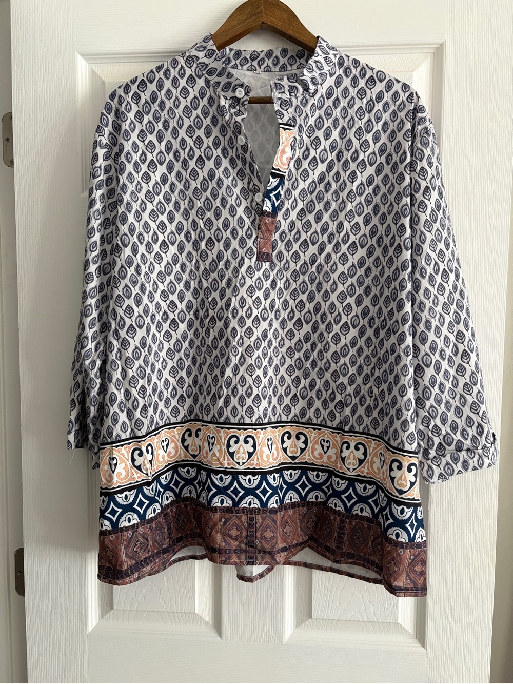 Boho Printed Peasant Top in Navy and Cream